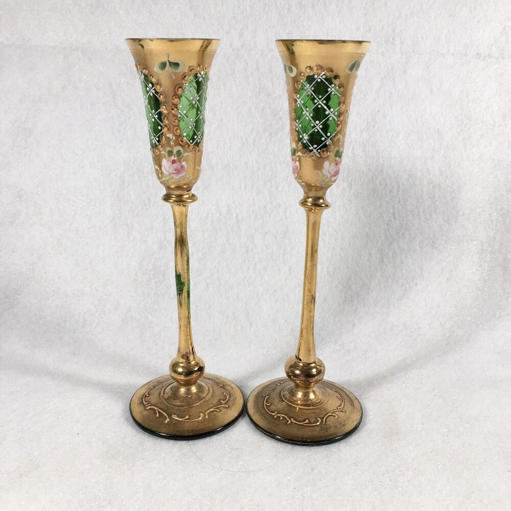 Vtg. Murano - Gold & Green -Venetian Glass- Liquor Goblet- 6.25" tall
